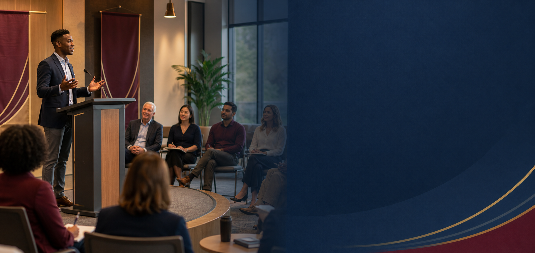 Club members listening to a public speaker at a meeting